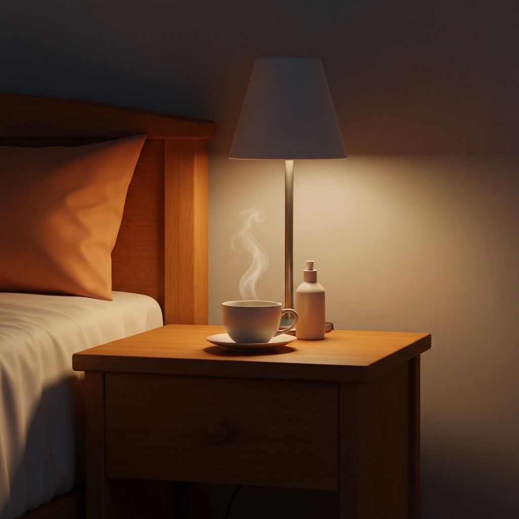 Cosy bedroom corner with soft lamp light and herbal tea