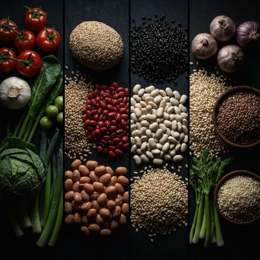 Variety of whole foods on a dark surface illustrating nutritional diversity