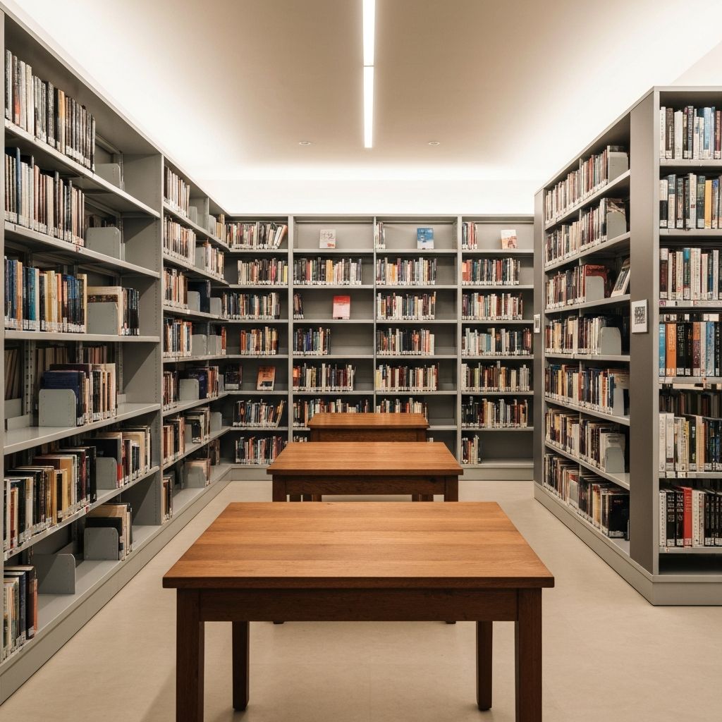 Academic library reading room with warm light and wooden bookshelves